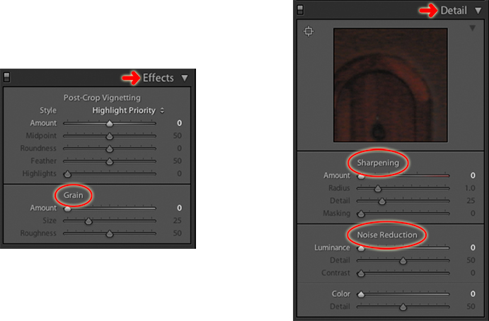 grain sharpening and noise reduction in the lightroom develop module