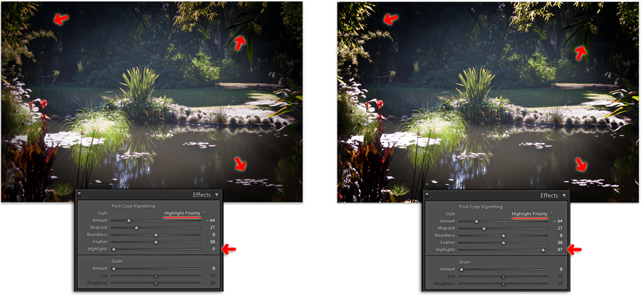 examples of hightlight priority settings utilized in the develop module of lightroom