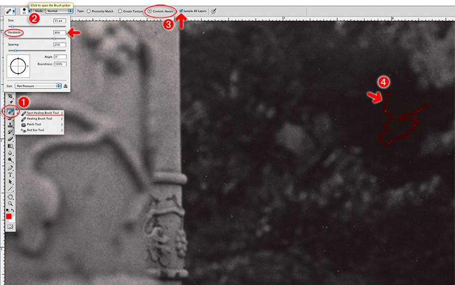 spot healing brush setup in photoshop